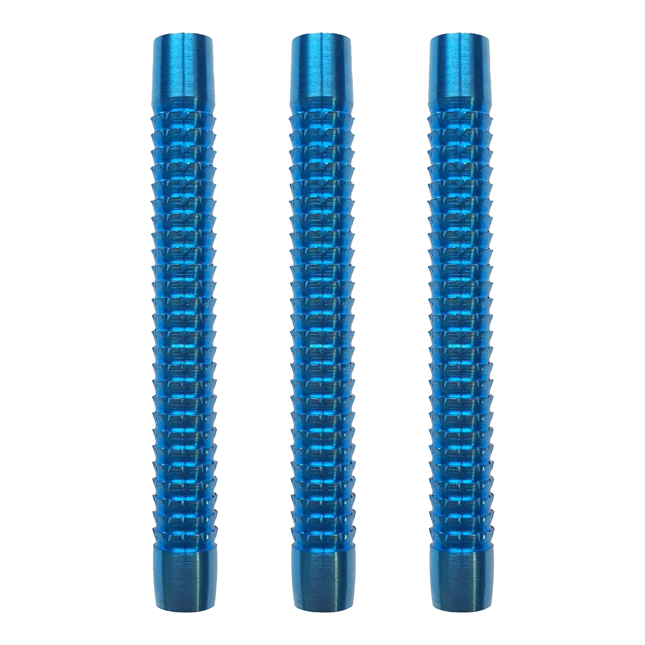Das Bild zeigt drei blaue Softdart-Barrels der Marke McDart Blue Sky. Sie sind nebeneinander angeordnet und haben eine gerillte Oberfläche.